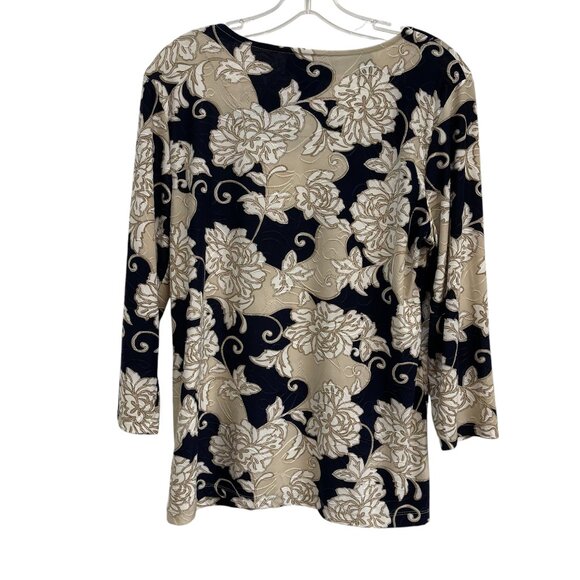 JM Collection Women’s Black Beige Floral Top Medium 3/4 Sleeve Stretch Blouse - Picture 2 of 5